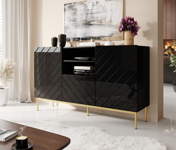 Kép ABETO chest of drawers on golden steel frame 150x42x90 black/black gloss (ABETO KOM+ST CZ)