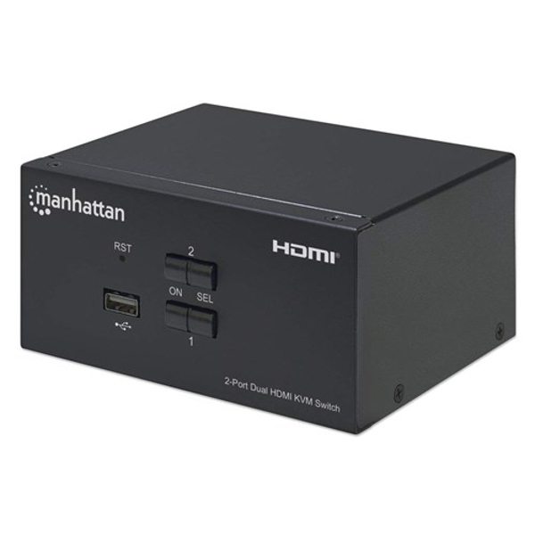 Kép Manhattan HDMI KVM Switch 2-Port, 4K@30Hz, USB-A 3.5mm Audio Mic Connections, Cables included, Audio Support, Control 2x computers from one pc mouse screen, USB Powered, Black, Three Year Warranty, Boxed (153522)