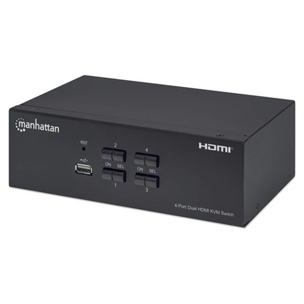 Kép Manhattan HDMI KVM Switch 4-Port, 4K@30Hz, USB-A 3.5mm Audio Mic Connections, Cables included, Audio Support, Control 4x computers from one pc mouse screen, USB Powered, Black, Three Year Warranty, Boxed (153539)